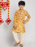 Boy's' Multicolor-Base-Mustard And Cream Kurta Pyjama Set