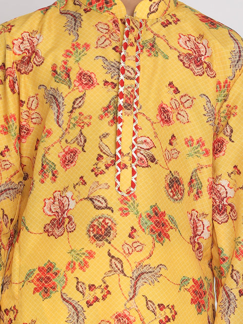 Boy's' Multicolor-Base-Mustard And Cream Kurta Pyjama Set