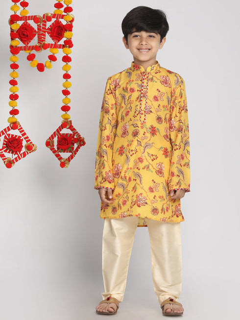 Boy's' Multicolor-Base-Mustard And Cream Kurta Pyjama Set