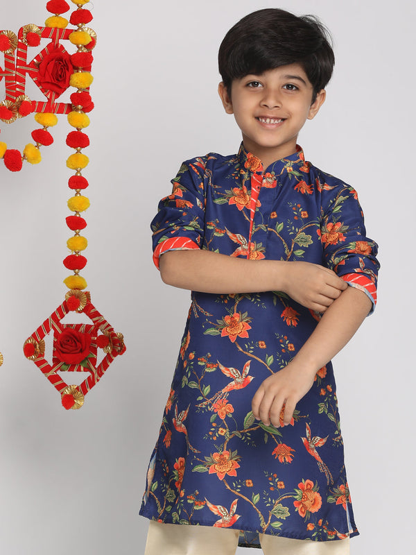 Boy's' Multicolor-Base-Navy Blue Kurta With Leheriya Border