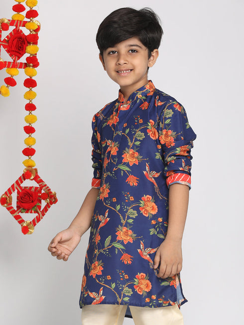 Boy's' Multicolor-Base-Navy Blue Kurta With Leheriya Border