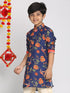 Boy's' Multicolor-Base-Navy Blue Kurta With Leheriya Border