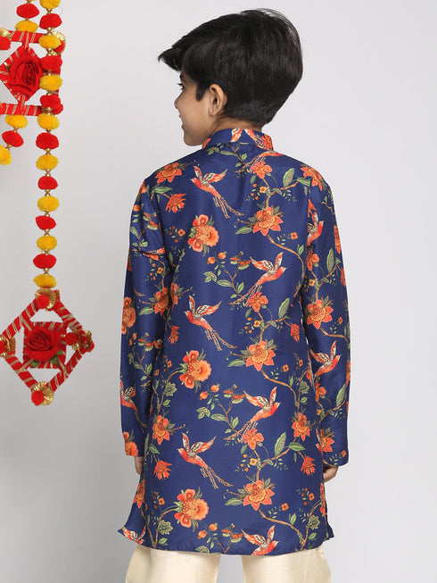 Boy's' Multicolor-Base-Navy Blue Kurta With Leheriya Border