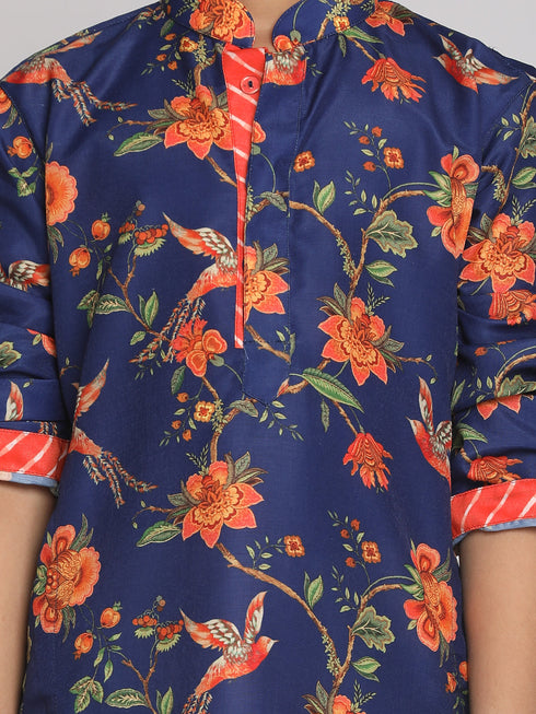 Boy's' Multicolor-Base-Navy Blue Kurta With Leheriya Border