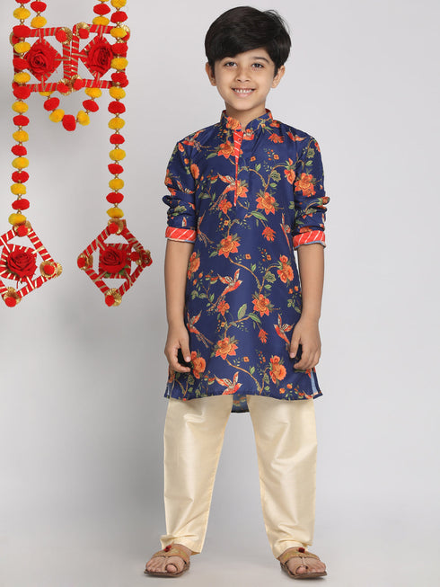 Boy's' Multicolor-Base-Navy Blue Kurta With Leheriya Border