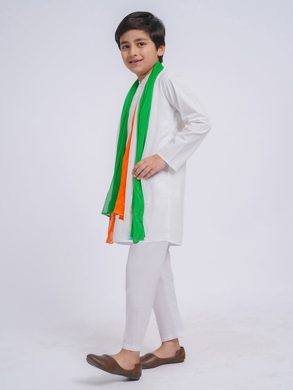 Boy's White Cotton Kurta And Pyjama And Dupatta Set