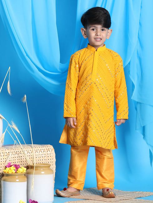 Boy's' Yellow Mirror Kurta Pyjama Set