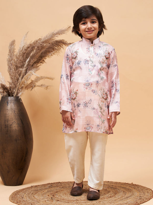 Boy's Pink Floral Printed Silk Blend Kurta Pyjama Set