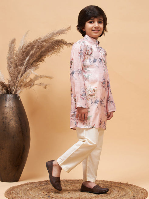 Boy's Pink Floral Printed Silk Blend Kurta Pyjama Set