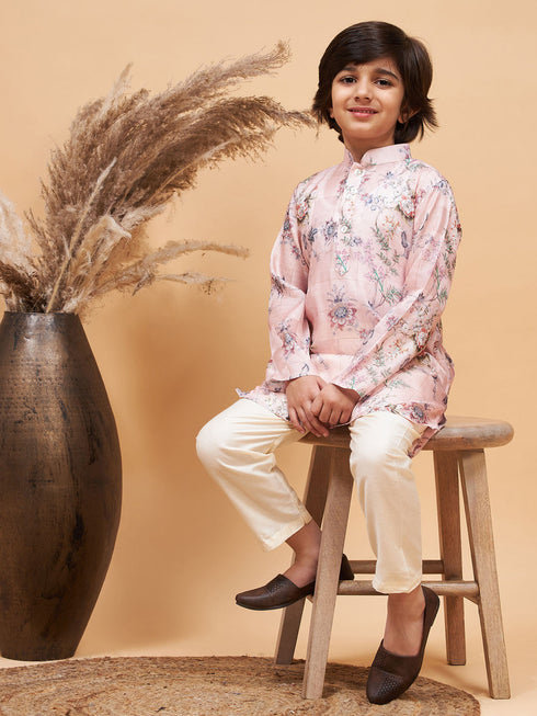 Boy's Pink Floral Printed Silk Blend Kurta Pyjama Set