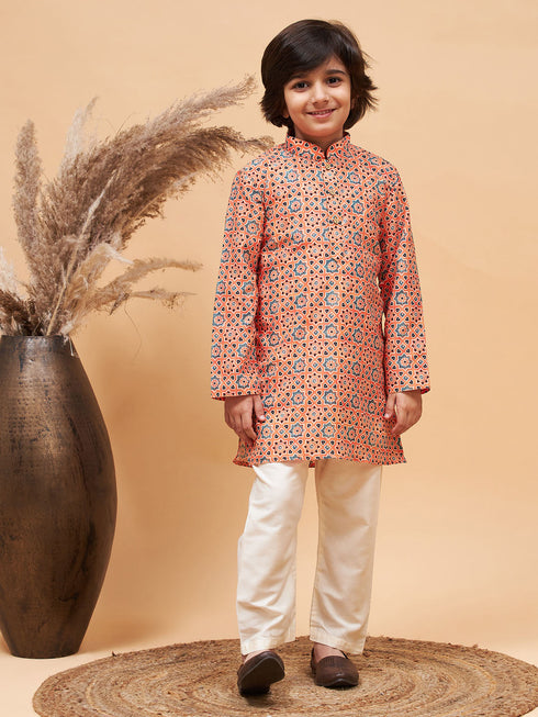 Boy's Orange Printed Kurta And Cream Pyjama Set