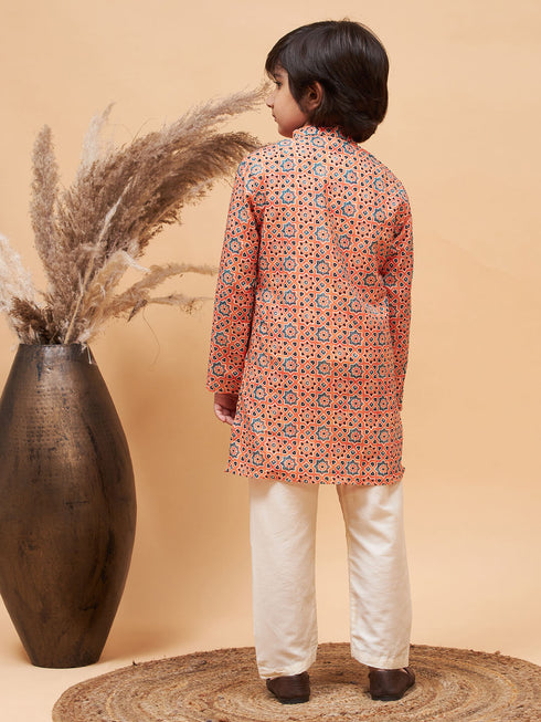 Boy's Orange Printed Kurta And Cream Pyjama Set