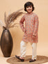 Boy's Orange Printed Kurta And Cream Pyjama Set