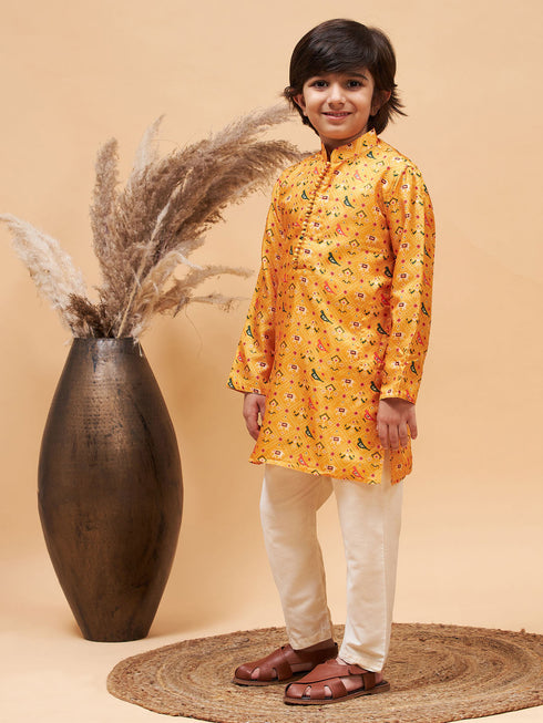 Boy's Yellow Patola Printed Kurta And Cream Pyjama Set