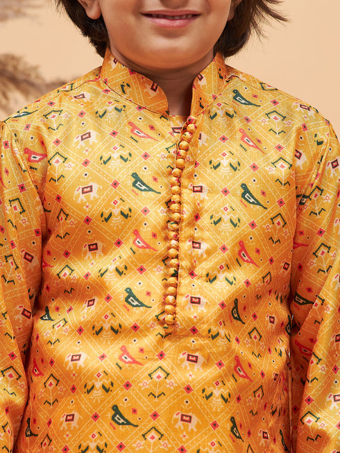 Boy's Yellow Patola Printed Kurta And Cream Pyjama Set