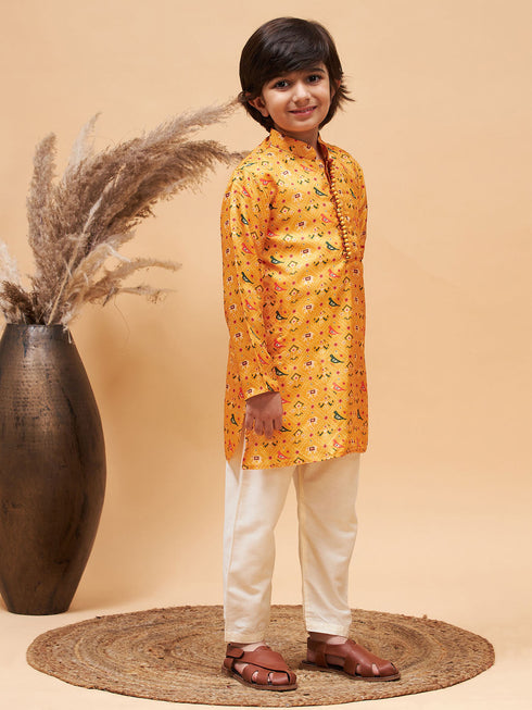 Boy's Yellow Patola Printed Kurta And Cream Pyjama Set