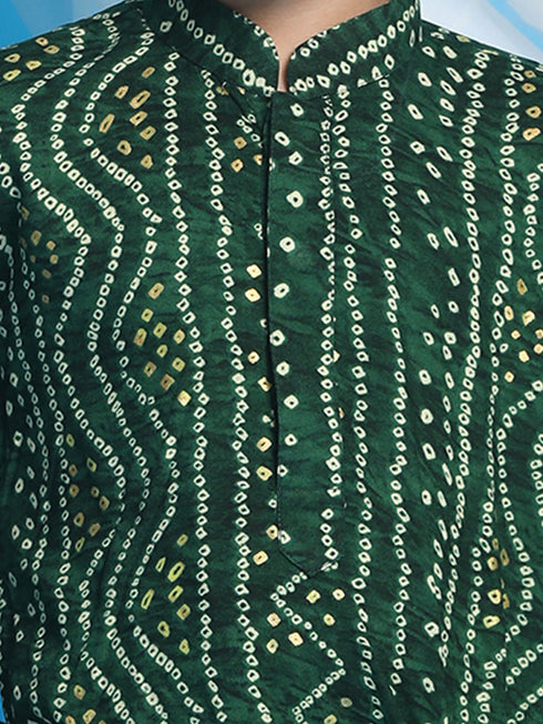 Boy's' Green Bandhni Print Kurta And Rose Gold Patiyala Set