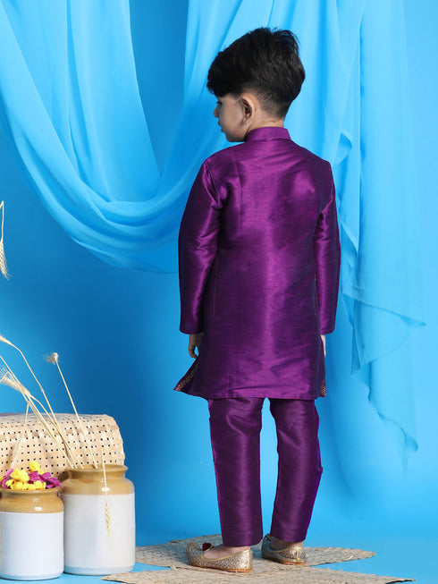 Boy's' Purple Jacket Style Kurta And Purple Pyjama Set