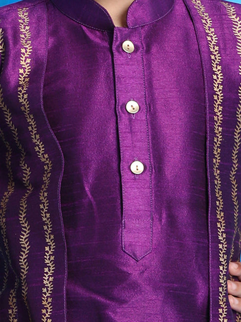 Boy's' Purple Jacket Style Kurta And Purple Pyjama Set