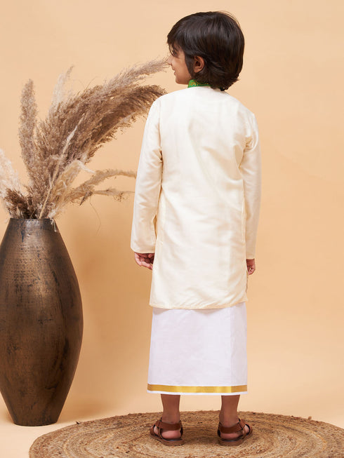 Boy's' Green And White Kurta With Mundu Set