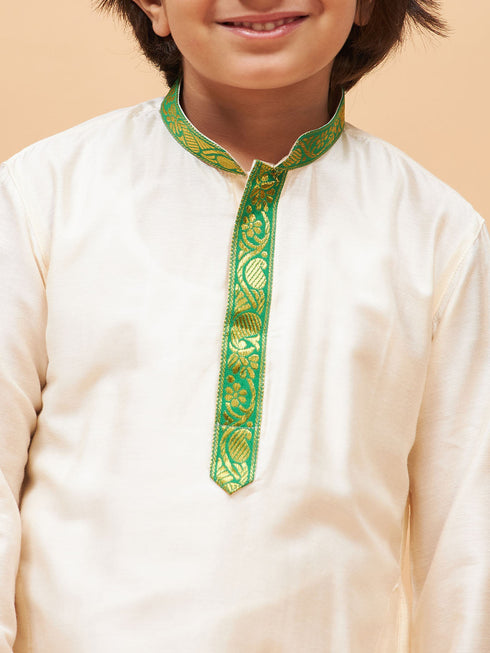 Boy's' Green And White Kurta With Mundu Set