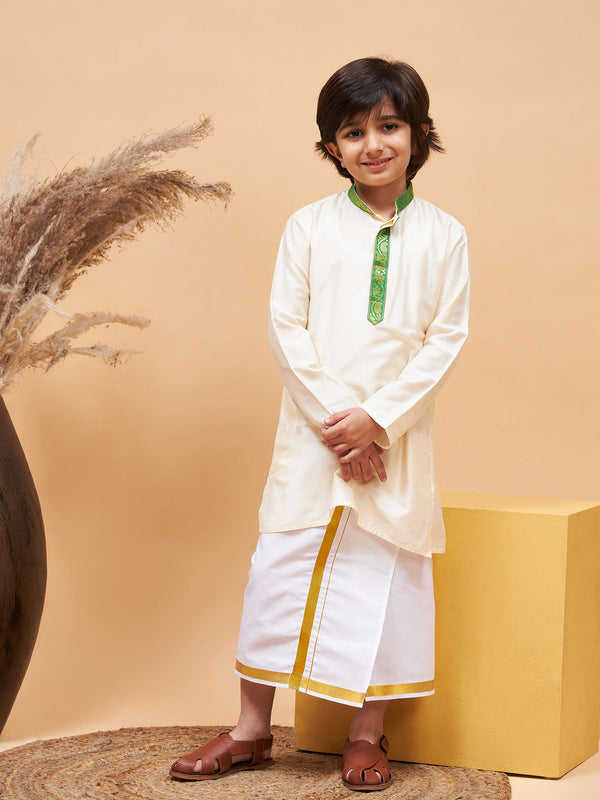 Boy's' Green And White Kurta With Mundu Set