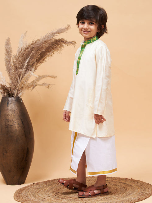 Boy's' Green And White Kurta With Mundu Set