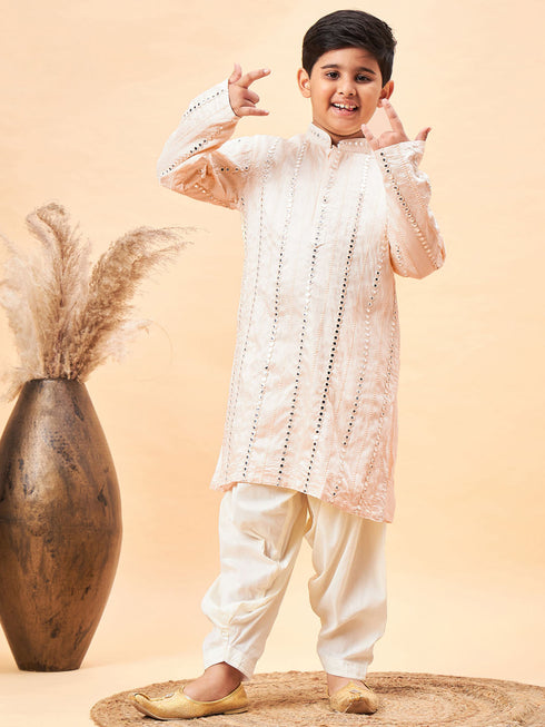 Boy's Cream Embroidered Vertical Mirror Work Kurta With Patiala Set