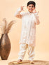 Boy's Cream Embroidered Vertical Mirror Work Kurta With Patiala Set