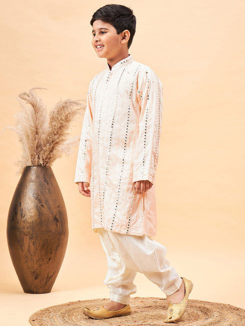 Boy's Cream Embroidered Vertical Mirror Work Kurta With Patiala Set