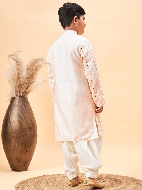 Boy's Cream Embroidered Vertical Mirror Work Kurta With Patiala Set