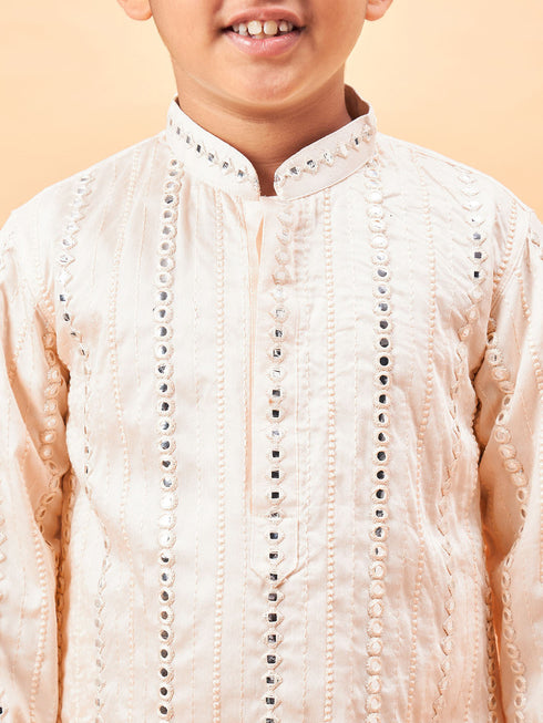 Boy's Cream Embroidered Vertical Mirror Work Kurta With Patiala Set