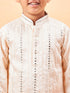 Boy's Cream Embroidered Vertical Mirror Work Kurta With Patiala Set