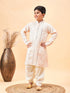Boy's Cream Embroidered Vertical Mirror Work Kurta With Patiala Set