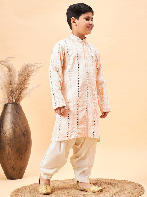 Boy's Cream Embroidered Vertical Mirror Work Kurta With Patiala Set