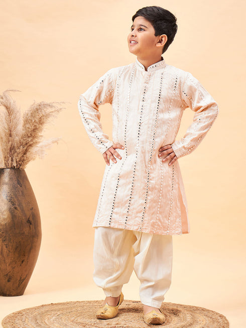 Boy's Cream Embroidered Vertical Mirror Work Kurta With Patiala Set