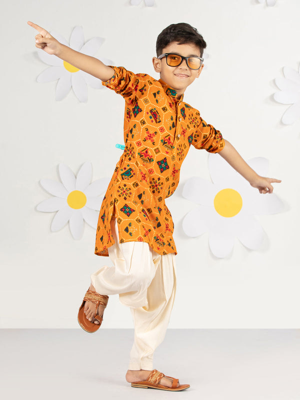 Boy's Mustard Kurta Patiala Set Foil Print