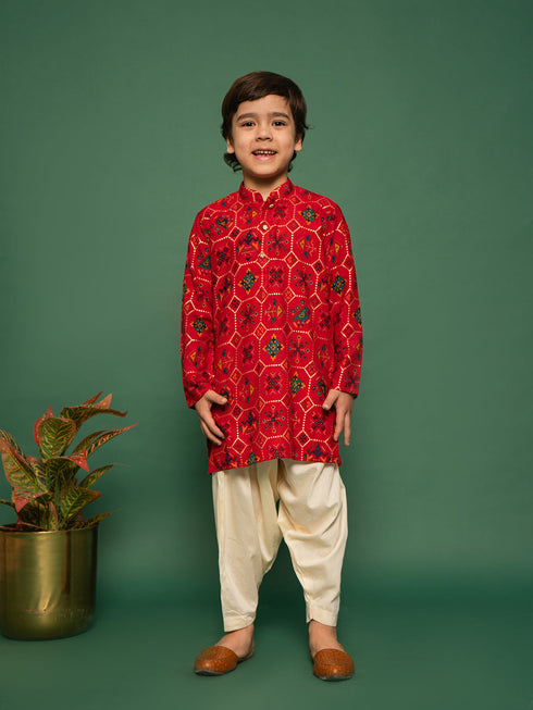 Boy's' Red Kurta And Patiala Set