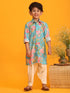 Boy's Aqua Blue Floral Printed Kurta With Cream Solid Patiala Set
