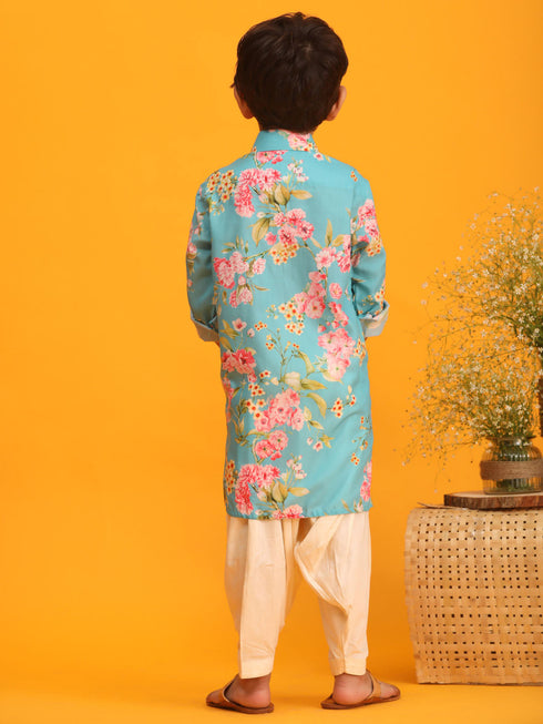 Boy's Aqua Blue Floral Printed Kurta With Cream Solid Patiala Set