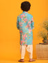 Boy's Aqua Blue Floral Printed Kurta With Cream Solid Patiala Set