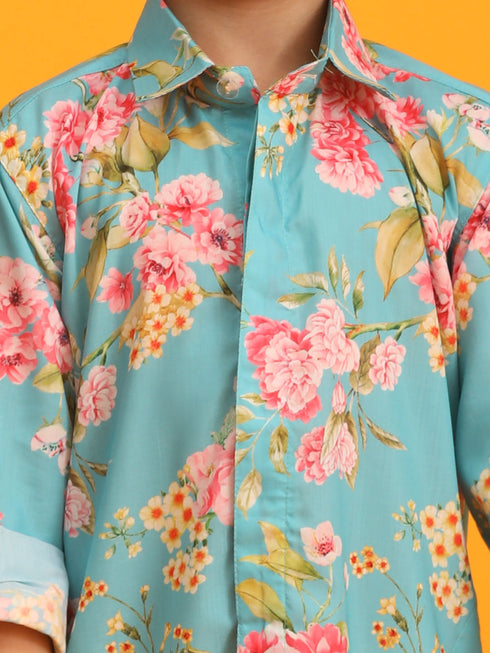 Boy's Aqua Blue Floral Printed Kurta With Cream Solid Patiala Set