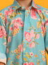 Boy's Aqua Blue Floral Printed Kurta With Cream Solid Patiala Set