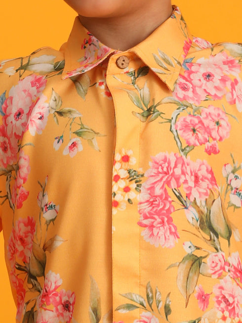 Boy's Yellow Floral Printed Kurta With Cream Solid Patiala Set