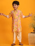 Boy's Yellow Floral Printed Kurta With Cream Solid Patiala Set