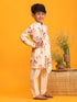 Boy's Yellow Floral Printed Angrakha Kurta With Cream Solid Pyjama Set