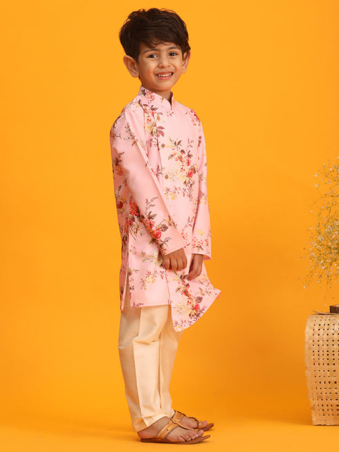 Boy's Pink Floral Printed Angrakha Kurta With Cream Solid Pyjama Set