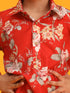Boy's Red Floral Printed Kurta With Cream Solid Pyjama Set