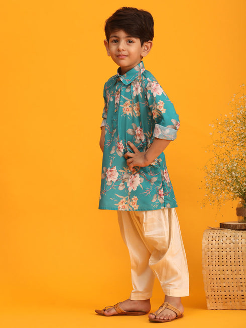 Boy's Turquoise Floral Printed Kurta With Cream Solid Pyjama Set