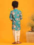 Boy's Turquoise Floral Printed Kurta With Cream Solid Pyjama Set